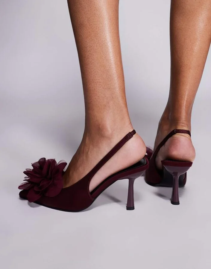 ASOS DESIGN Sunrise corsage slingback mid heeled shoes in burgundy - Image 3