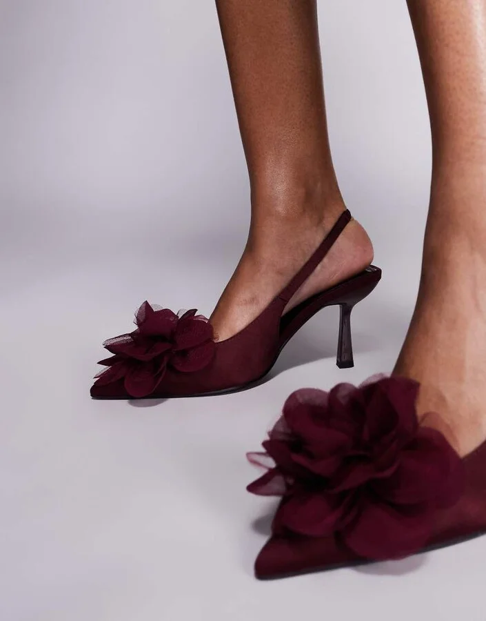 ASOS DESIGN Sunrise corsage slingback mid heeled shoes in burgundy - Image 4