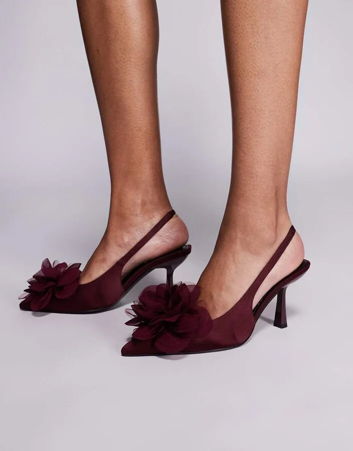 ASOS DESIGN Sunrise corsage slingback mid heeled shoes in burgundy