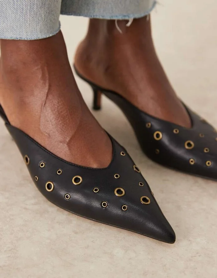ASOS DESIGN Surprise eyelet detail kitten heeled mules in black - Image 2