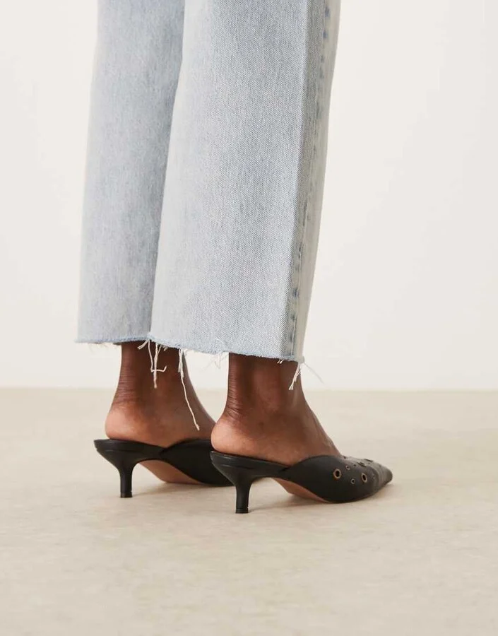 ASOS DESIGN Surprise eyelet detail kitten heeled mules in black - Image 3