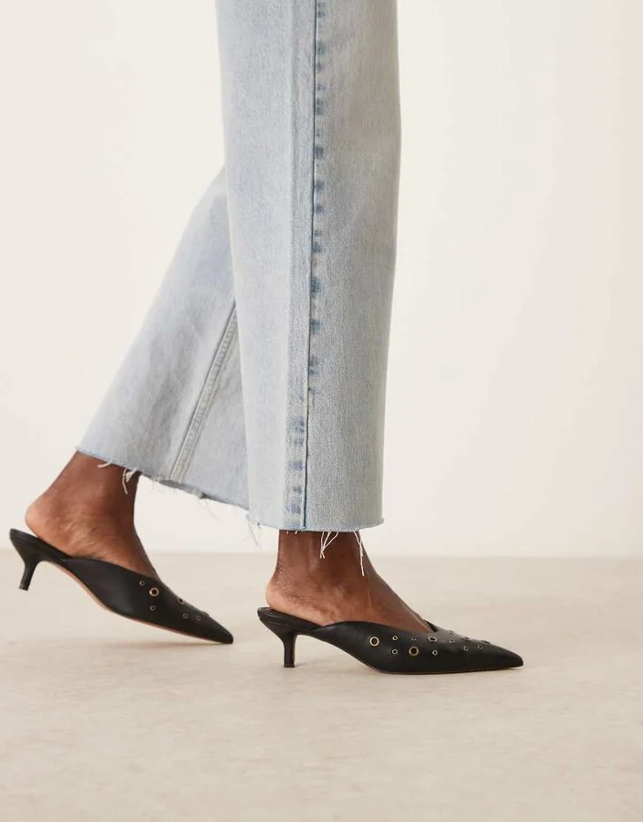 ASOS DESIGN Surprise eyelet detail kitten heeled mules in black