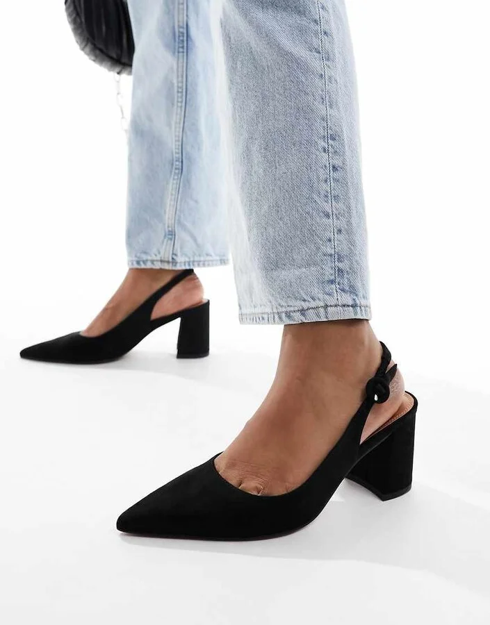 ASOS DESIGN Sutton slingback mid block heels in black suedette