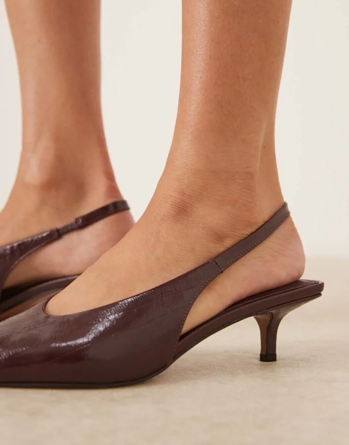 ASOS DESIGN Sydney slingback kitten heel shoes in burgundy embossed - Image 3