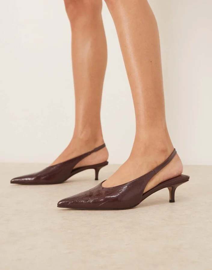 ASOS DESIGN Sydney slingback kitten heel shoes in burgundy embossed