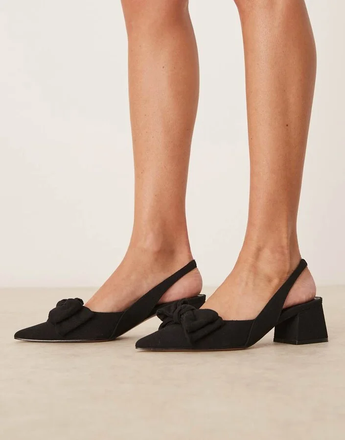 ASOS DESIGN Symphony bow slingback mid block heeled shoes in black linen - Image 2