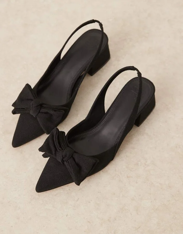 ASOS DESIGN Symphony bow slingback mid block heeled shoes in black linen - Image 3