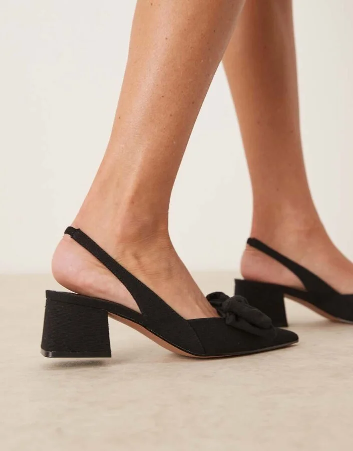 ASOS DESIGN Symphony bow slingback mid block heeled shoes in black linen - Image 4