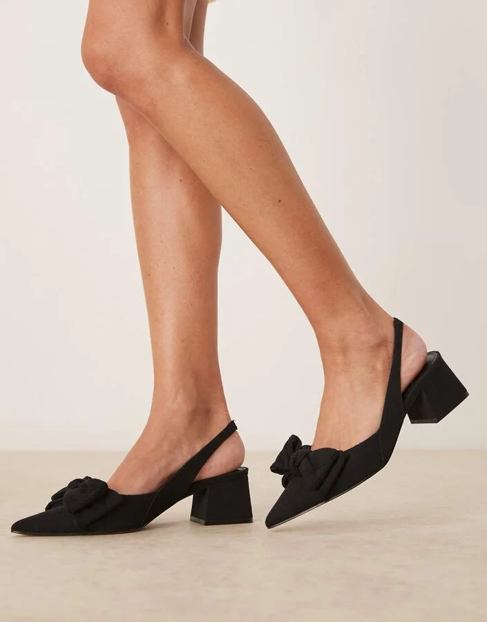 ASOS DESIGN Symphony bow slingback mid block heeled shoes in black linen