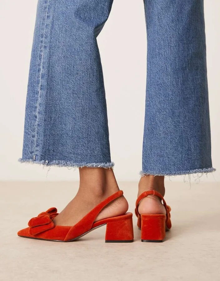 ASOS DESIGN Symphony bow slingback mid block heeled shoes in rust velvet - Image 3