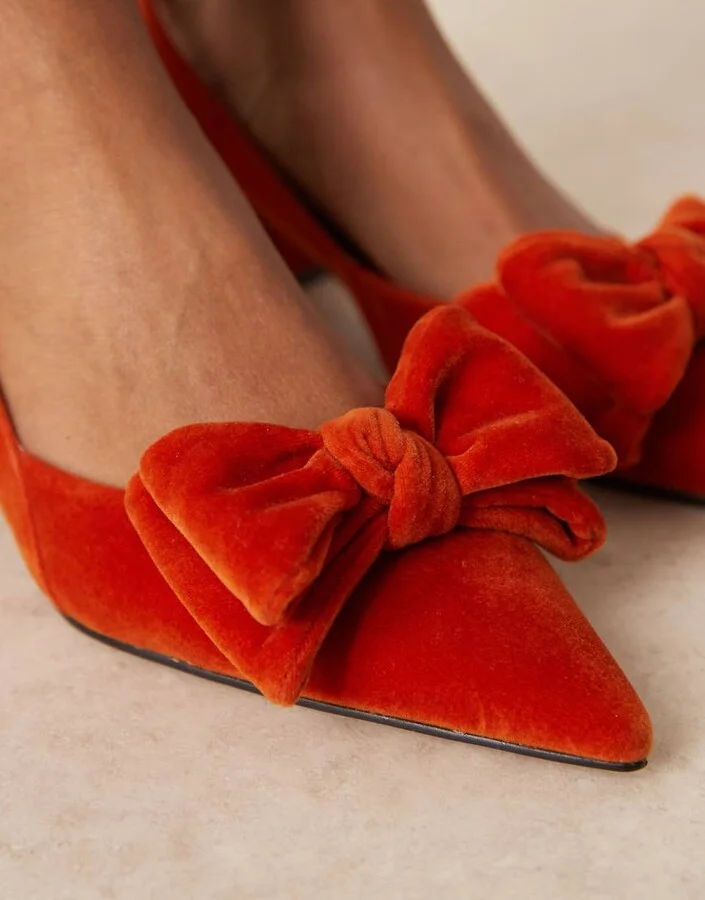 ASOS DESIGN Symphony bow slingback mid block heeled shoes in rust velvet - Image 4
