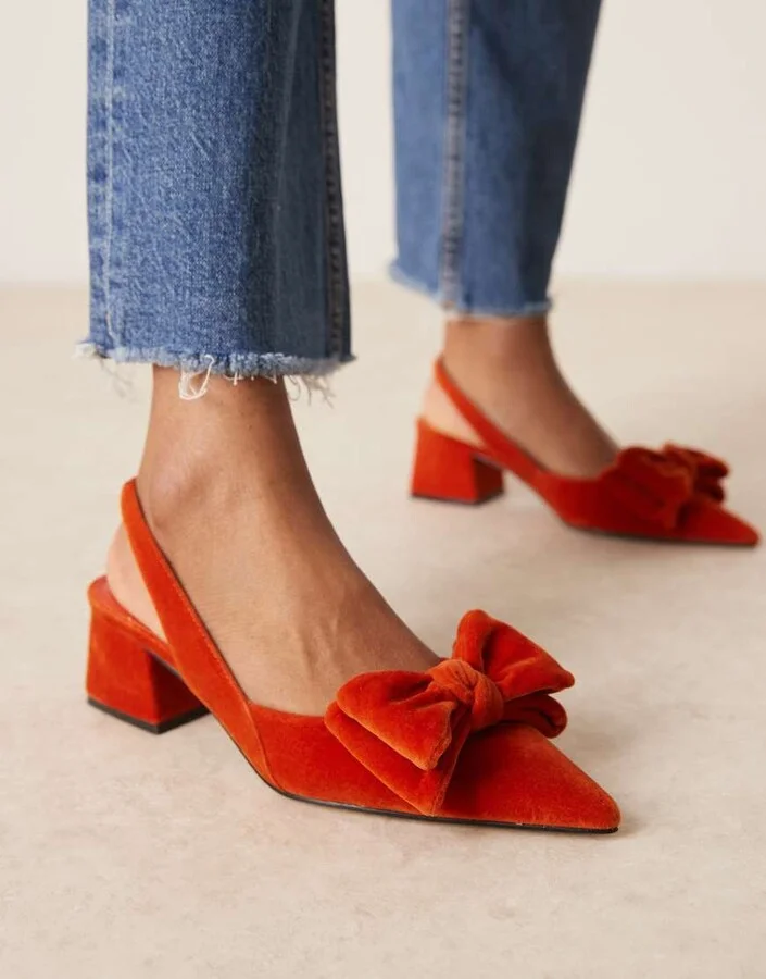 ASOS DESIGN Symphony bow slingback mid block heeled shoes in rust velvet