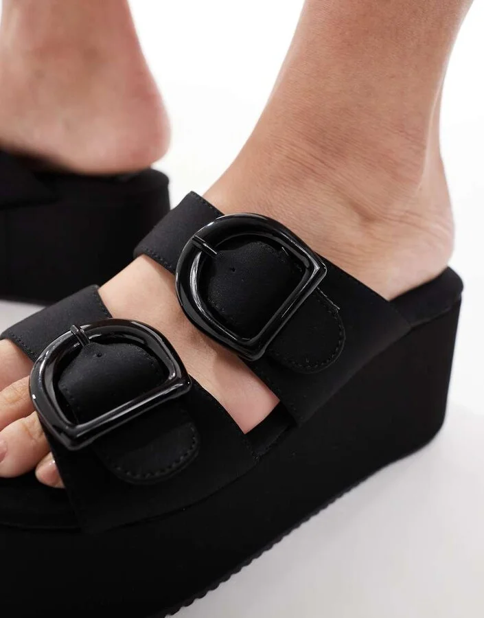 ASOS DESIGN Take Over buckle detail flatform mules in black - Image 4
