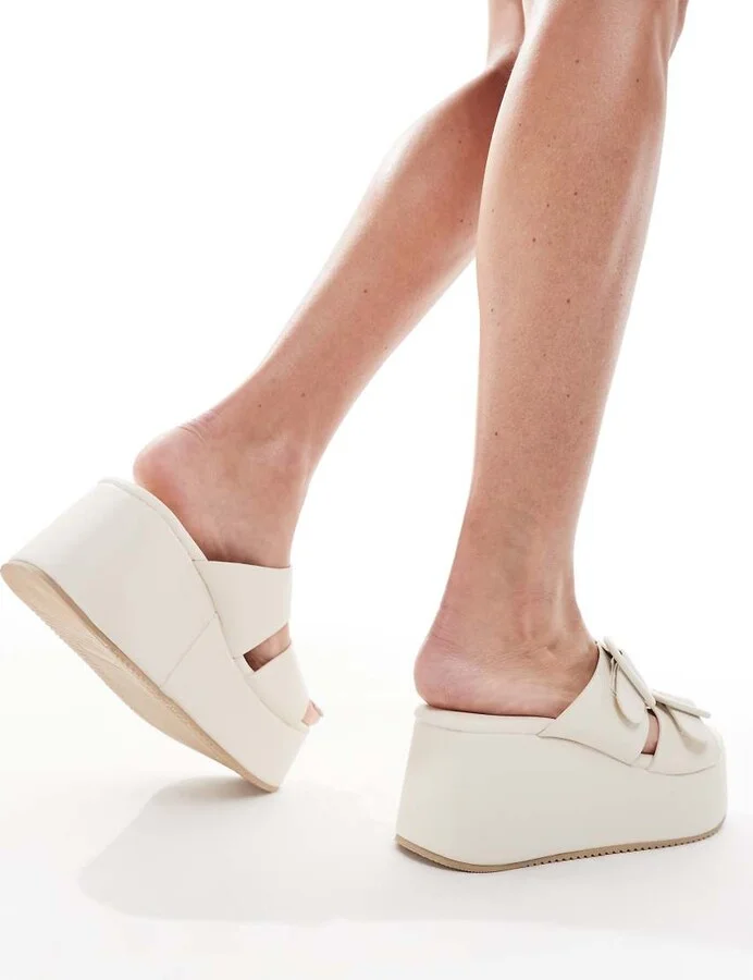 ASOS DESIGN Take Over buckle detail flatform mules in off white - Image 2