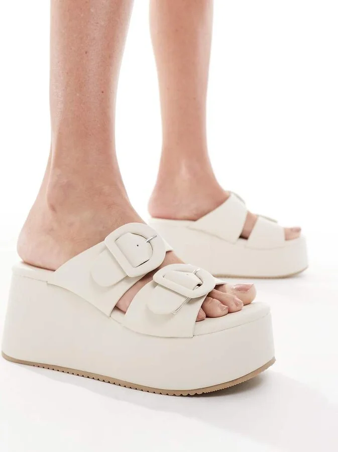 ASOS DESIGN Take Over buckle detail flatform mules in off white - Image 4