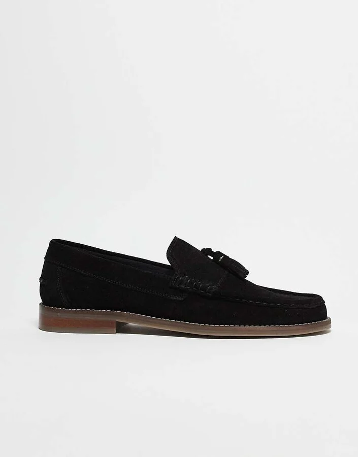 ASOS DESIGN tassel loafers in black suede with natural sole