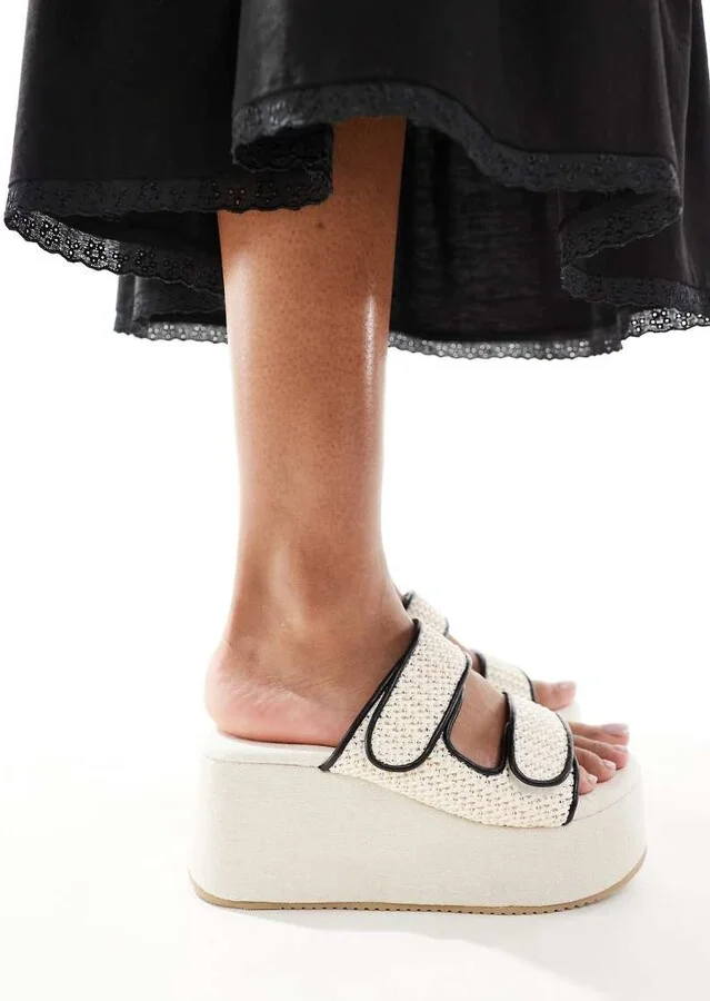 ASOS DESIGN Teenager weave detail flatform mules in natural