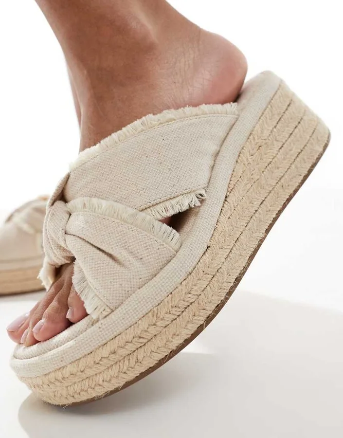 ASOS DESIGN Thoughtful knot detail flatform mules in natural - Image 2