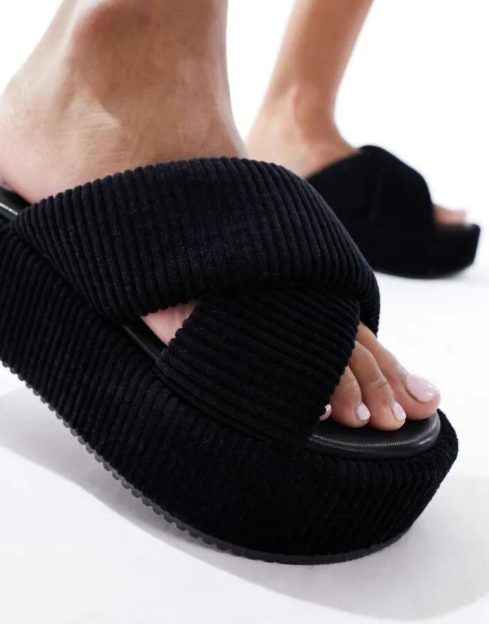 ASOS DESIGN Thunder padded cross strap flatform sandals in black - Image 2