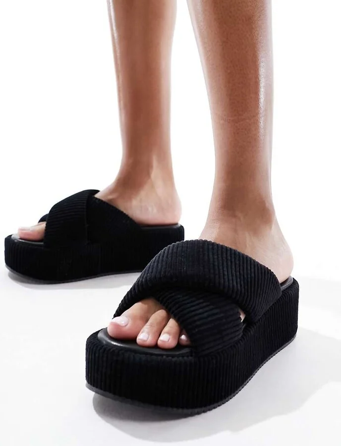 ASOS DESIGN Thunder padded cross strap flatform sandals in black - Image 4