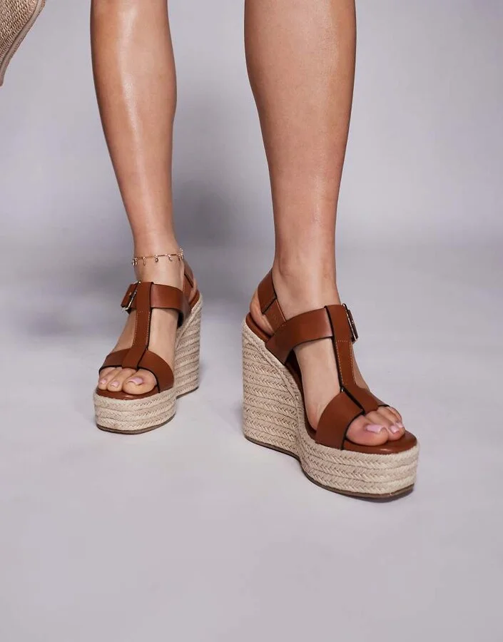 ASOS DESIGN Tiana t-bar wedge sandals in tan - Image 4