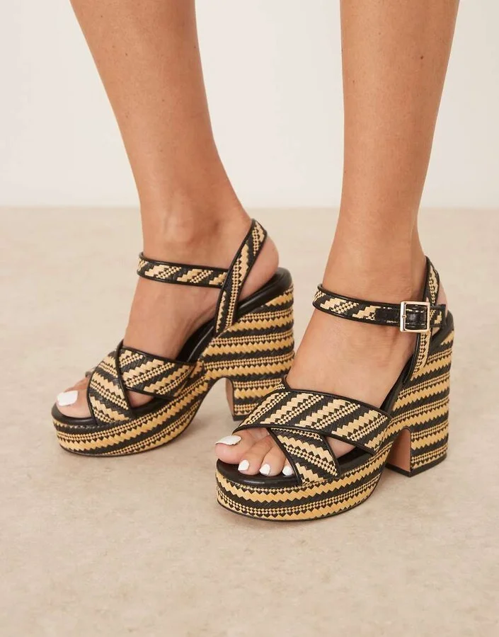 ASOS DESIGN Tiggy cross strap wedges in black and natural