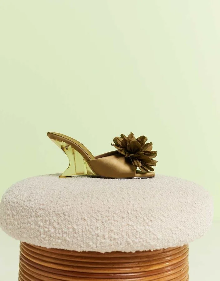 ASOS DESIGN Tilly wedge mules with corsage trim in olive - Image 2