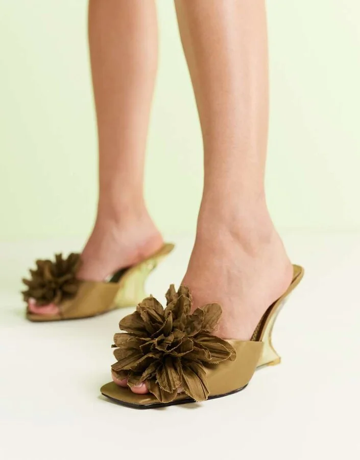 ASOS DESIGN Tilly wedge mules with corsage trim in olive