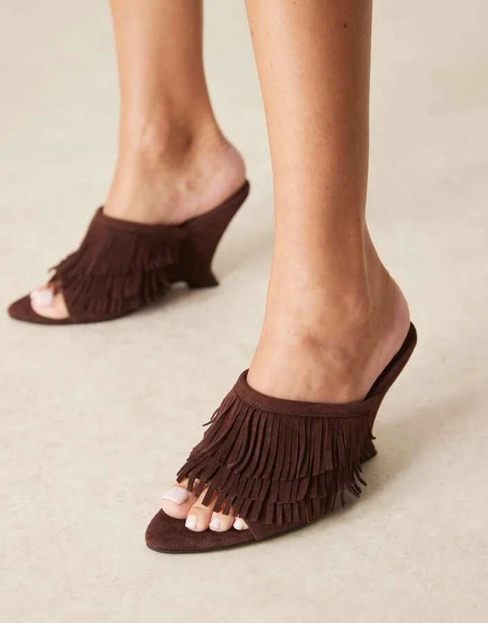 ASOS DESIGN Tizzy real suede fringed wedges in chocolate - Image 2