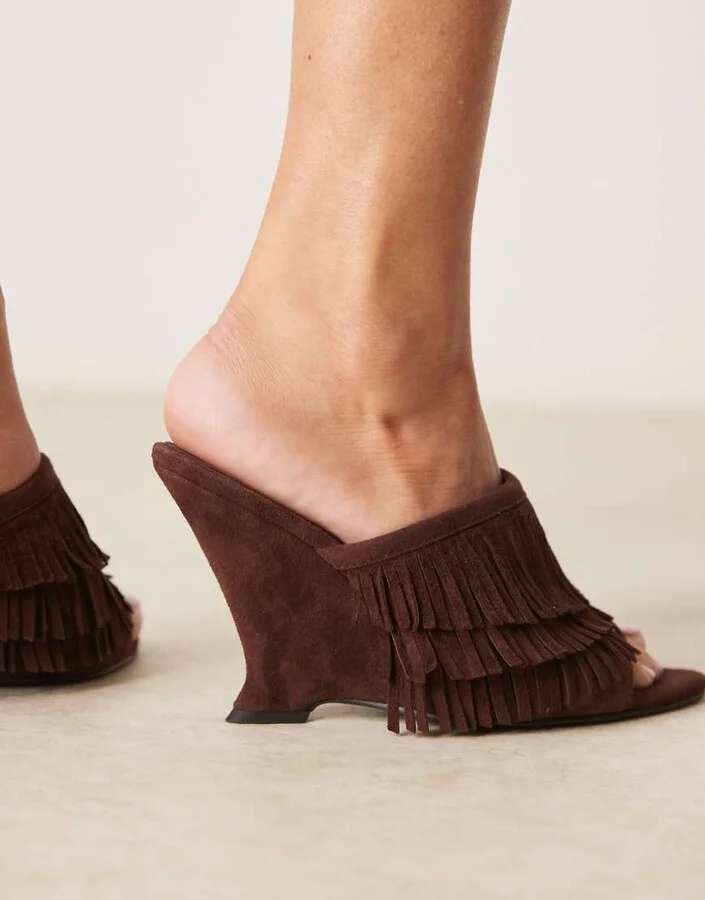 ASOS DESIGN Tizzy real suede fringed wedges in chocolate - Image 4