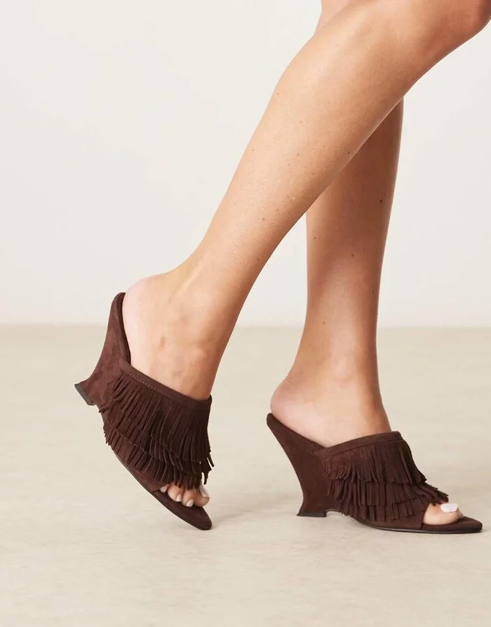 ASOS DESIGN Tizzy real suede fringed wedges in chocolate