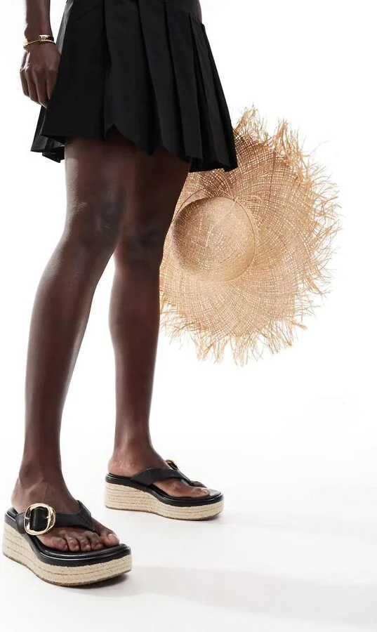 ASOS DESIGN Toucan buckle detail toe thong wedges in black - Image 3