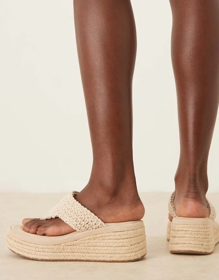 ASOS DESIGN Toucan crochet weave toe thong wedges in natural - Image 2