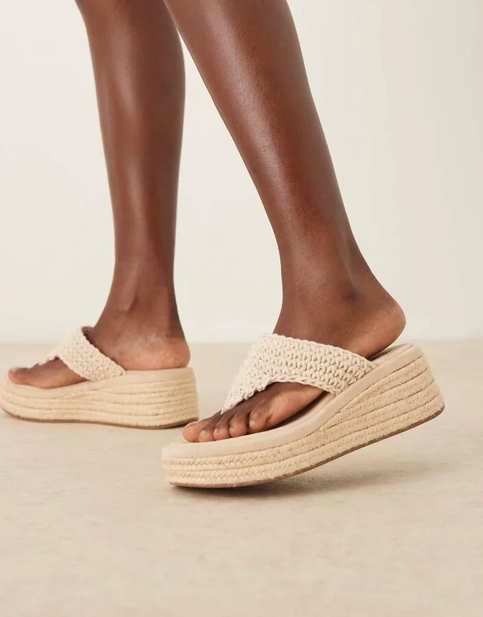 ASOS DESIGN Toucan crochet weave toe thong wedges in natural