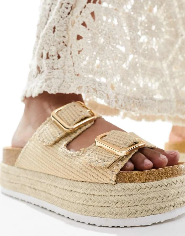 ASOS DESIGN Traffic double buckle flatform mules in natural - Image 2