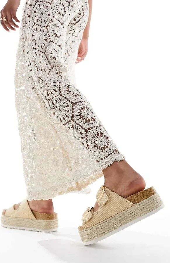 ASOS DESIGN Traffic double buckle flatform mules in natural - Image 3