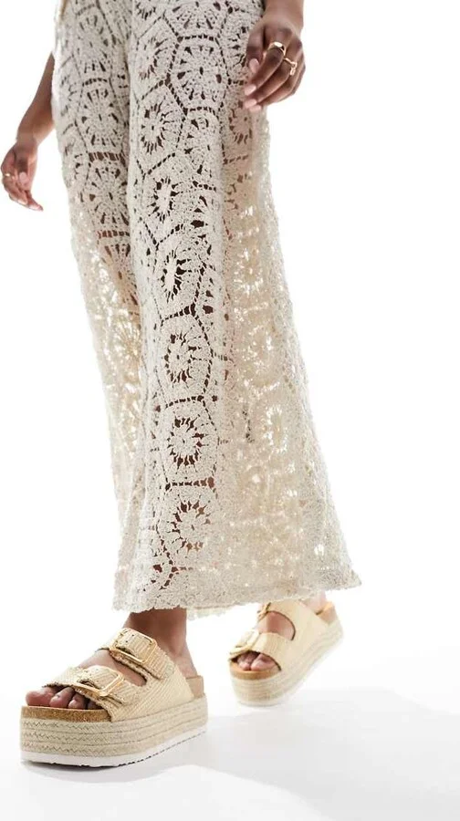 ASOS DESIGN Traffic double buckle flatform mules in natural - Image 4