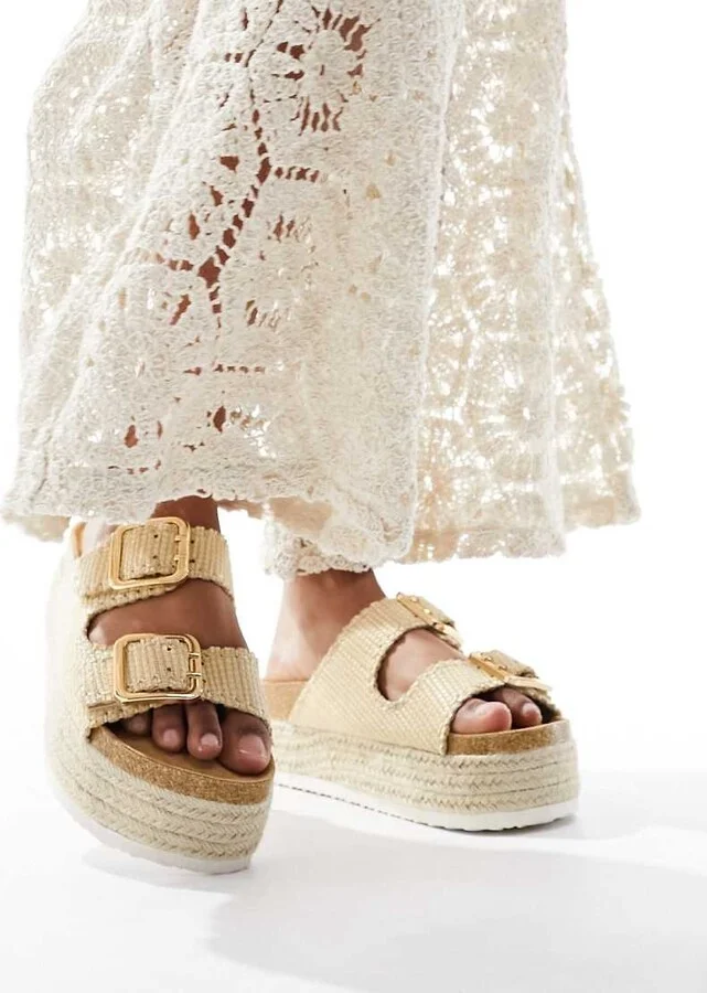 ASOS DESIGN Traffic double buckle flatform mules in natural