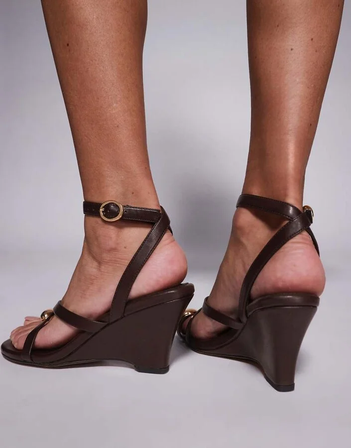 ASOS DESIGN Trixie strappy heeled wedges in brown - Image 2