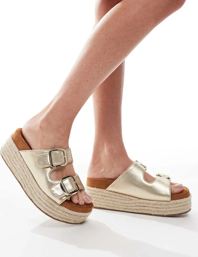 ASOS DESIGN Trooper buckle detail flatform mules in gold - Image 4