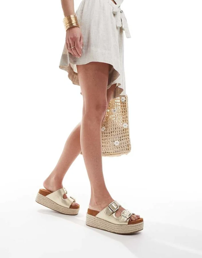 ASOS DESIGN Trooper buckle detail flatform mules in gold