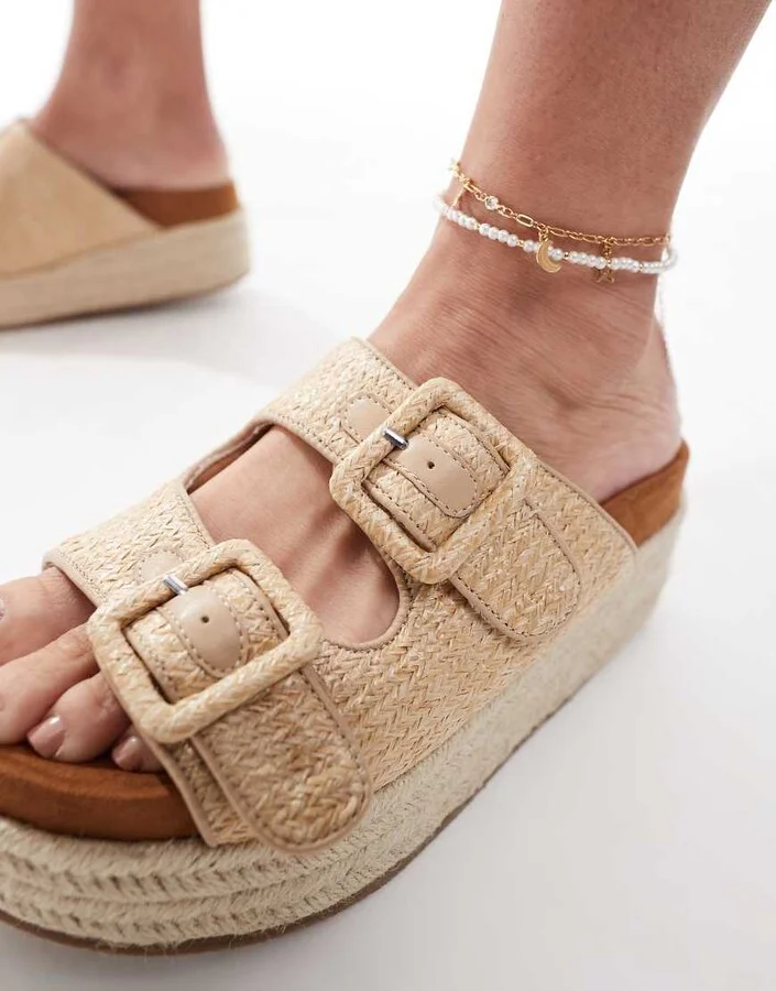 ASOS DESIGN Trooper buckle detail flatform mules in natural - Image 4