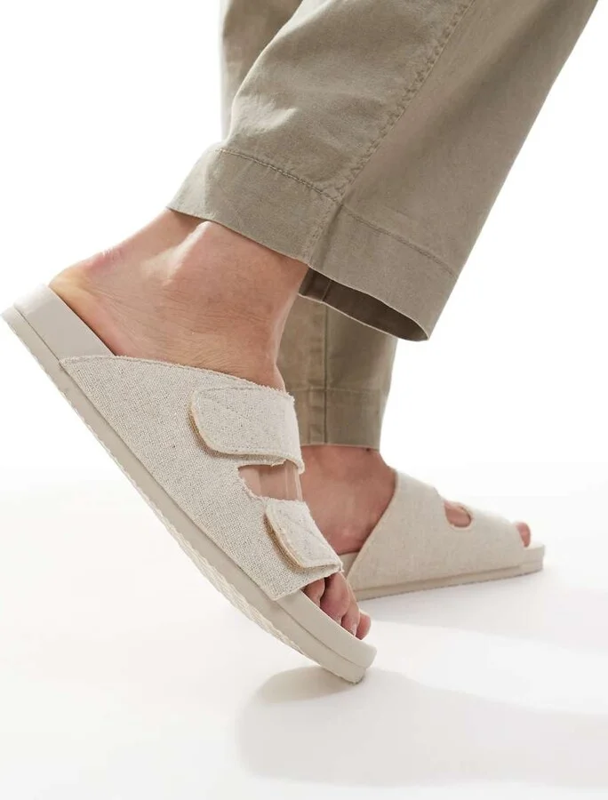 ASOS DESIGN two strap sandals in beige linen - Image 3