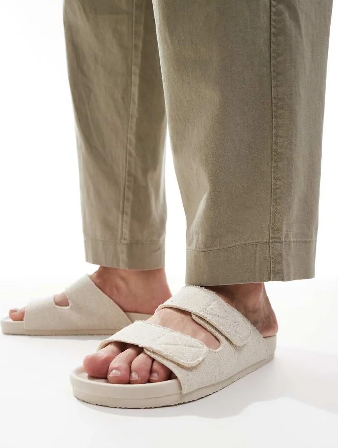 ASOS DESIGN two strap sandals in beige linen - Image 4
