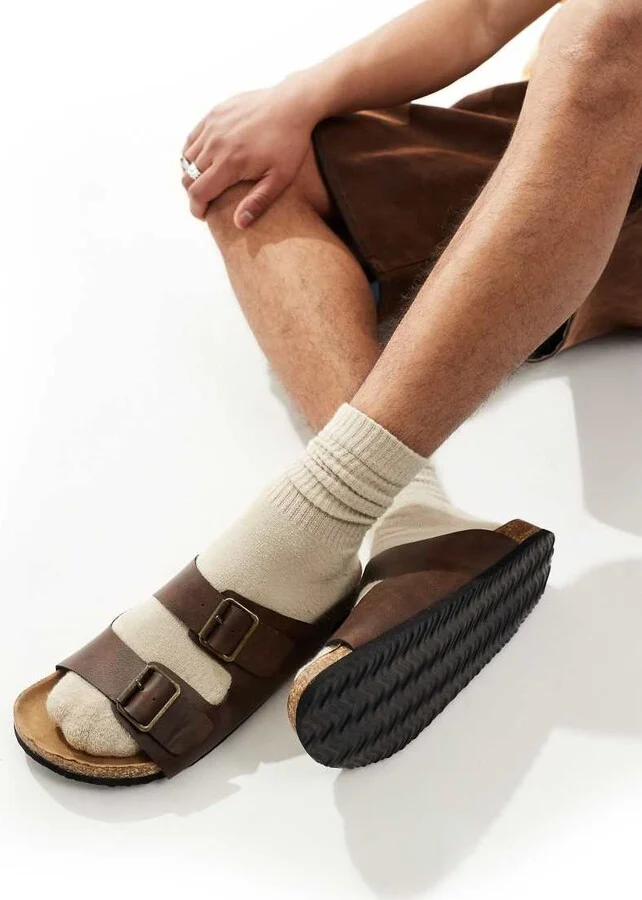 ASOS DESIGN two strap sandals in brown with cork sole - Image 2