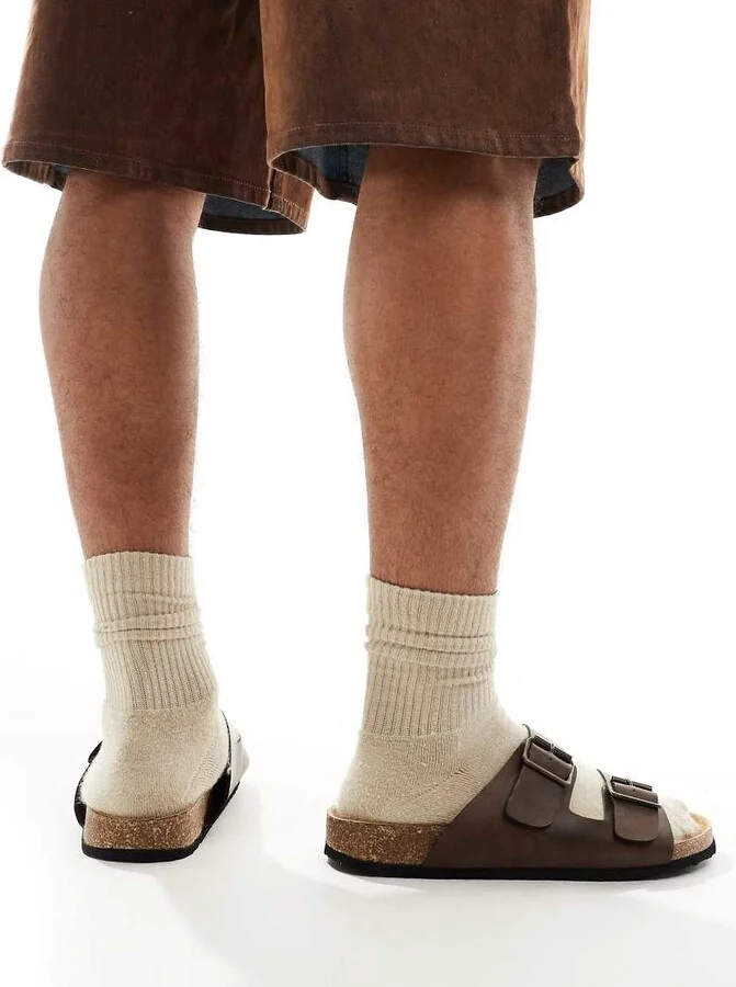 ASOS DESIGN two strap sandals in brown with cork sole - Image 3