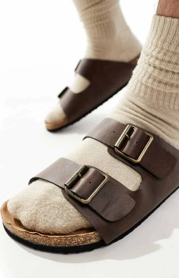 ASOS DESIGN two strap sandals in brown with cork sole - Image 4