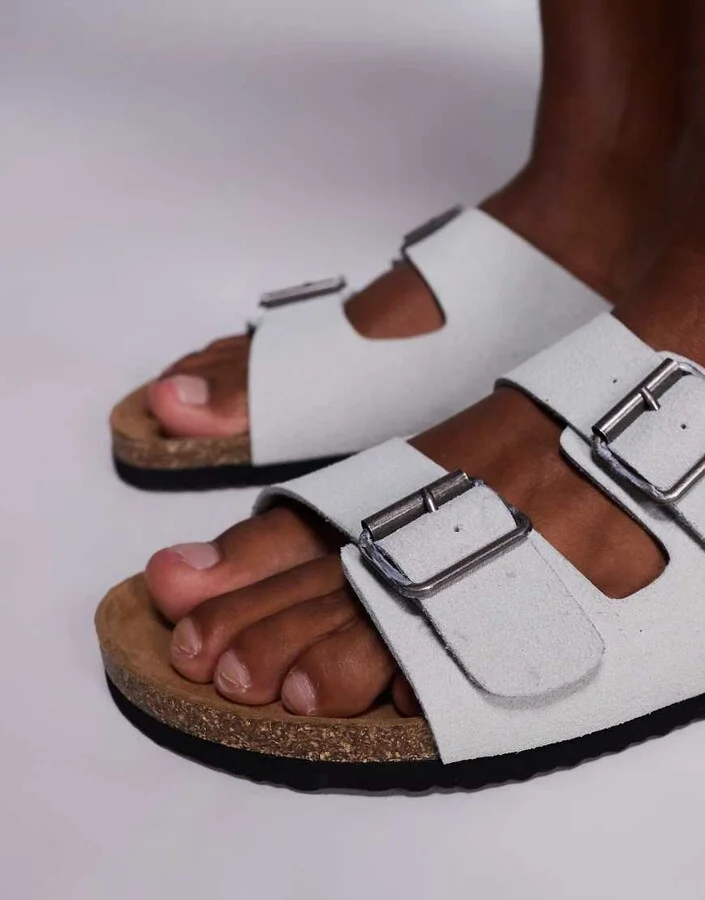 ASOS DESIGN two strap sandals in gray with cork sole - Image 3