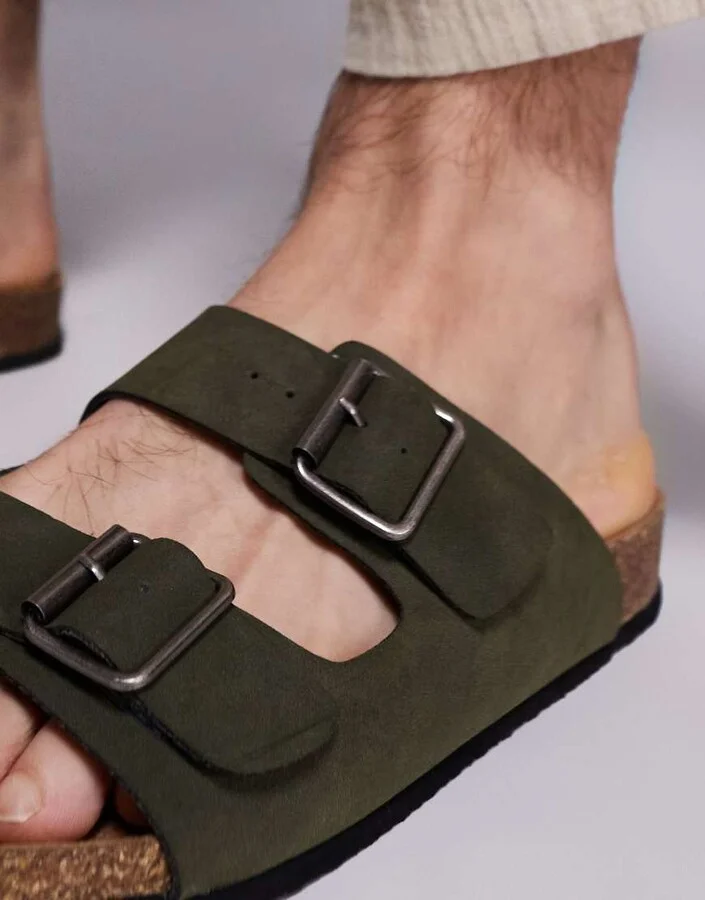 ASOS DESIGN two strap sandals in olive with cork soles - Image 4