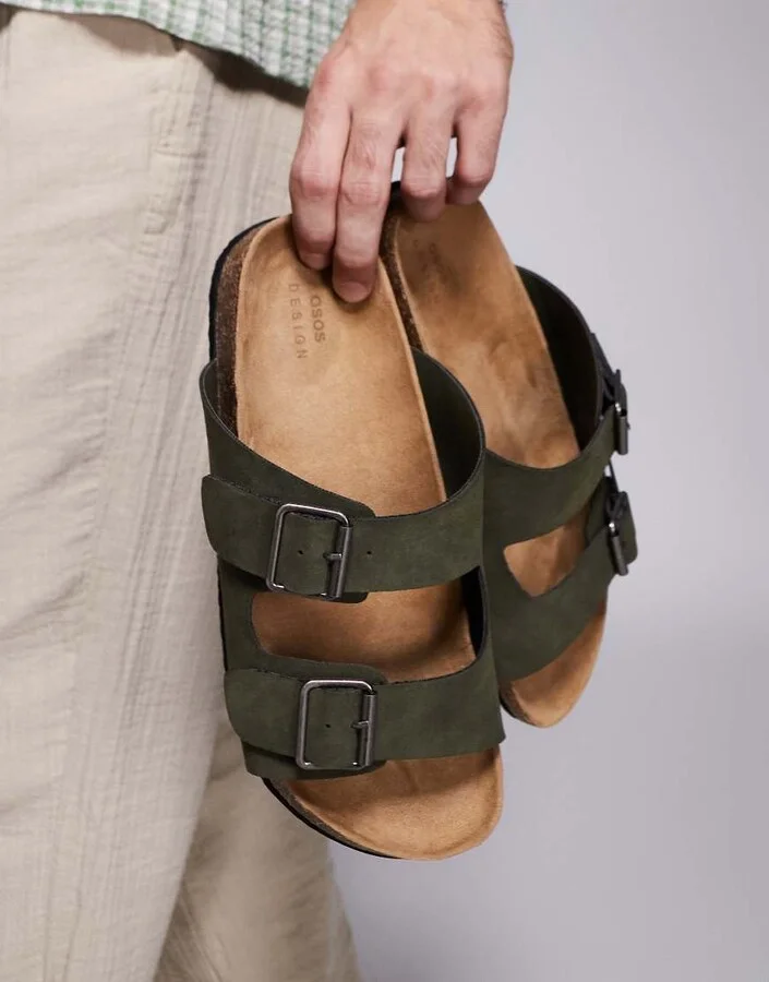 ASOS DESIGN two strap sandals in olive with cork soles